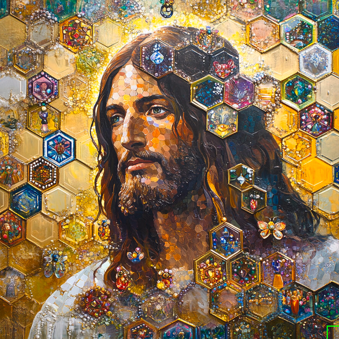 Liana Shanti’s artwork of Jesus surrounded by luminous gold mosaic details